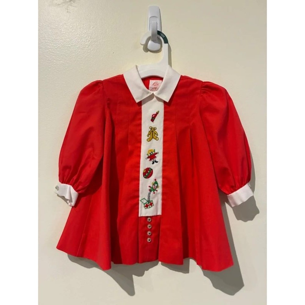 Vintage Ruth of Carolina Red Embroidered Toy Christmas Dress Toddler Size 2T